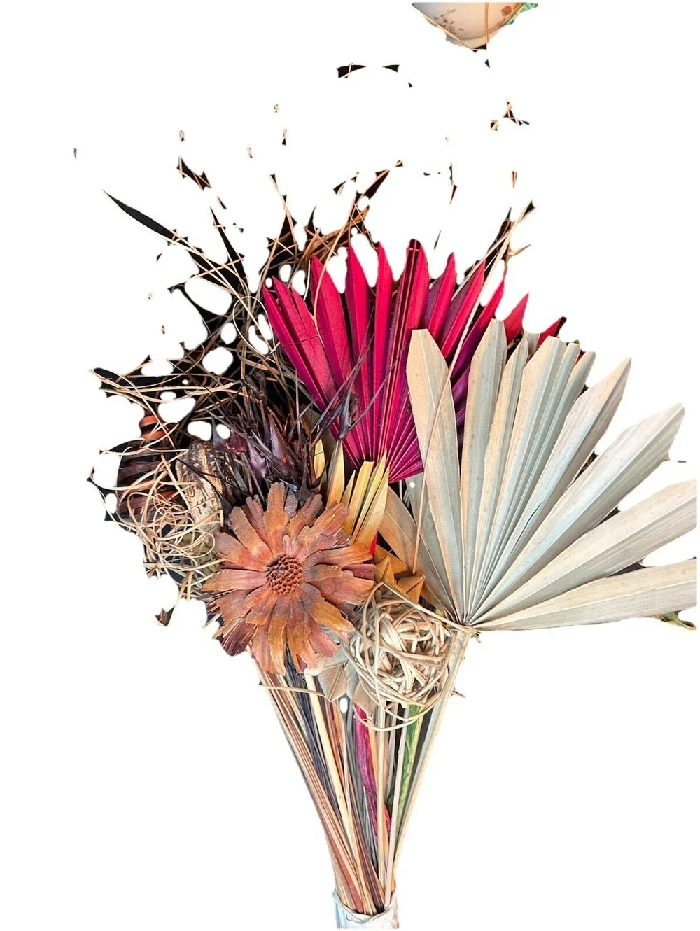 Large dried flowers dried palm spear and tropical bouquet with burgundy accents